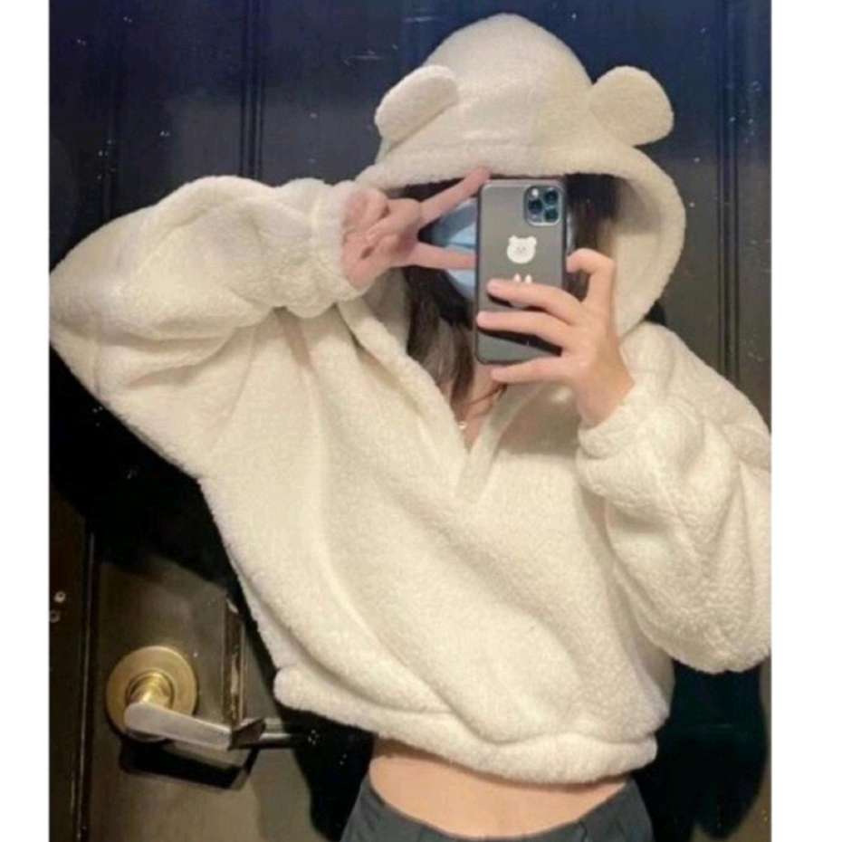 Hoodie Bulu Wanita Crop Top / Sweater Bulu Angsa / Jaket Crop Wanita Sherpa Bulu Domba