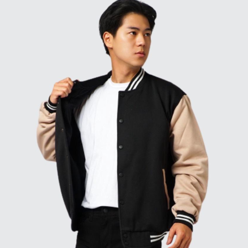 Jacket Bomber Varsity List Cream Fleece Premium / Varsity Jacket / Jaket Varsity Basic