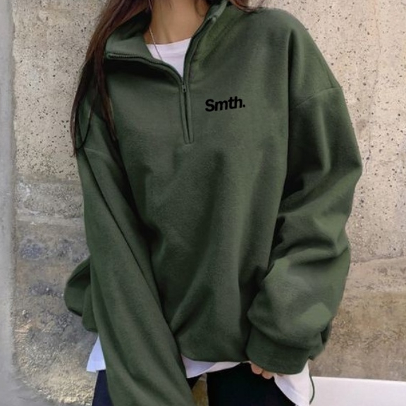 Sweater Crewneck Zipper Smith Army Teks / Crewneck Half Zipp Bahan Fleece Tebal / Sweatshirt Pria Wanita Casual