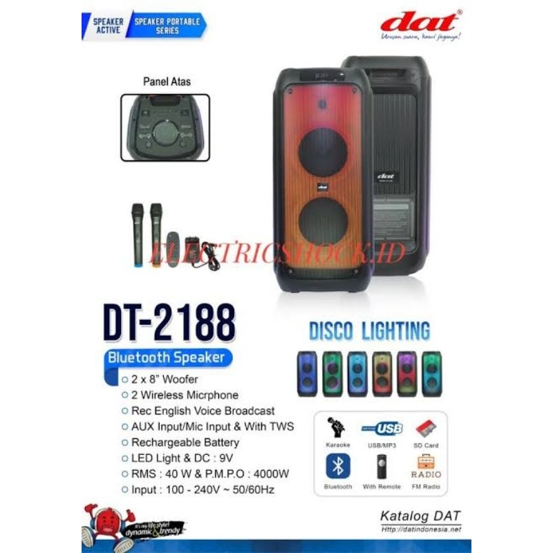 SPEAKER TROLLEY DOUBLE SPIKER TRENDY 8" X 8 INCH IN " DT 2188 DT2188 LED DOBEL WOOFER FREE MICROPHON