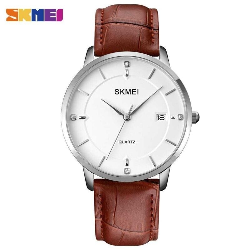 jam tangan pria wanita analog  strap kulit date aktif SKMEI 1801 coklat