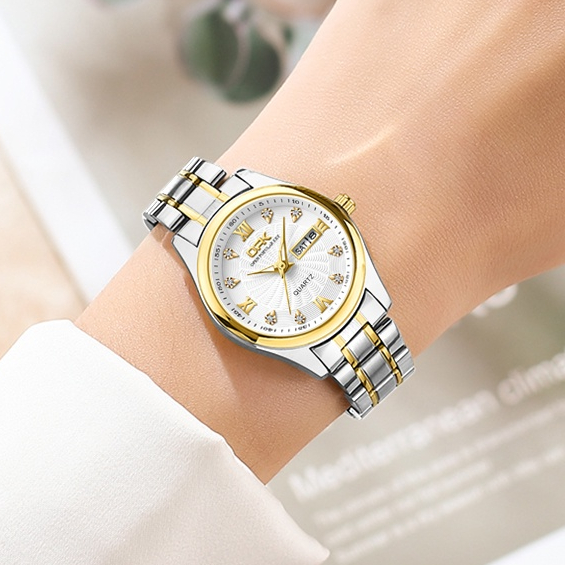 OPK Jam Tangan Wanita Emas Anti Air Original Cewek Kalender Bercahaya Luminous Women Watch Stainless Steel