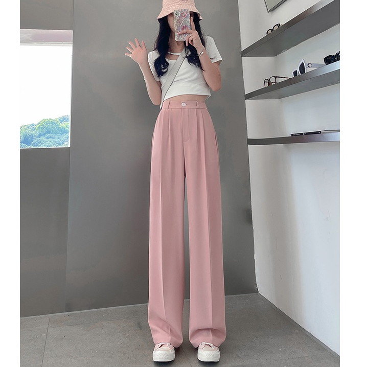 Hitam/Putih/Coklat/Khaki Highwaist Straight Loose  Kasual Celana Setelan Wanita Korean