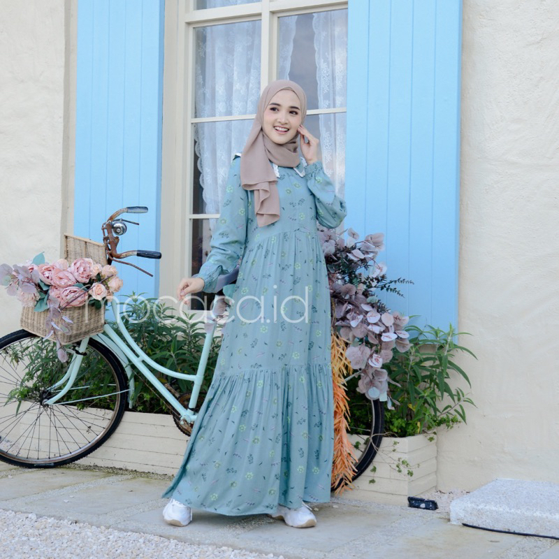 Gamis rumahan renda depan busui rayon premium - motif dust blue clove