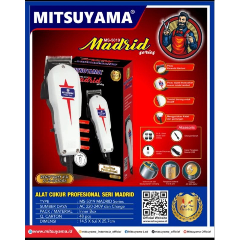 Alat Cukur Rambut Elektrik Profesional Seri Madrid Mitsuyama Ms-5019