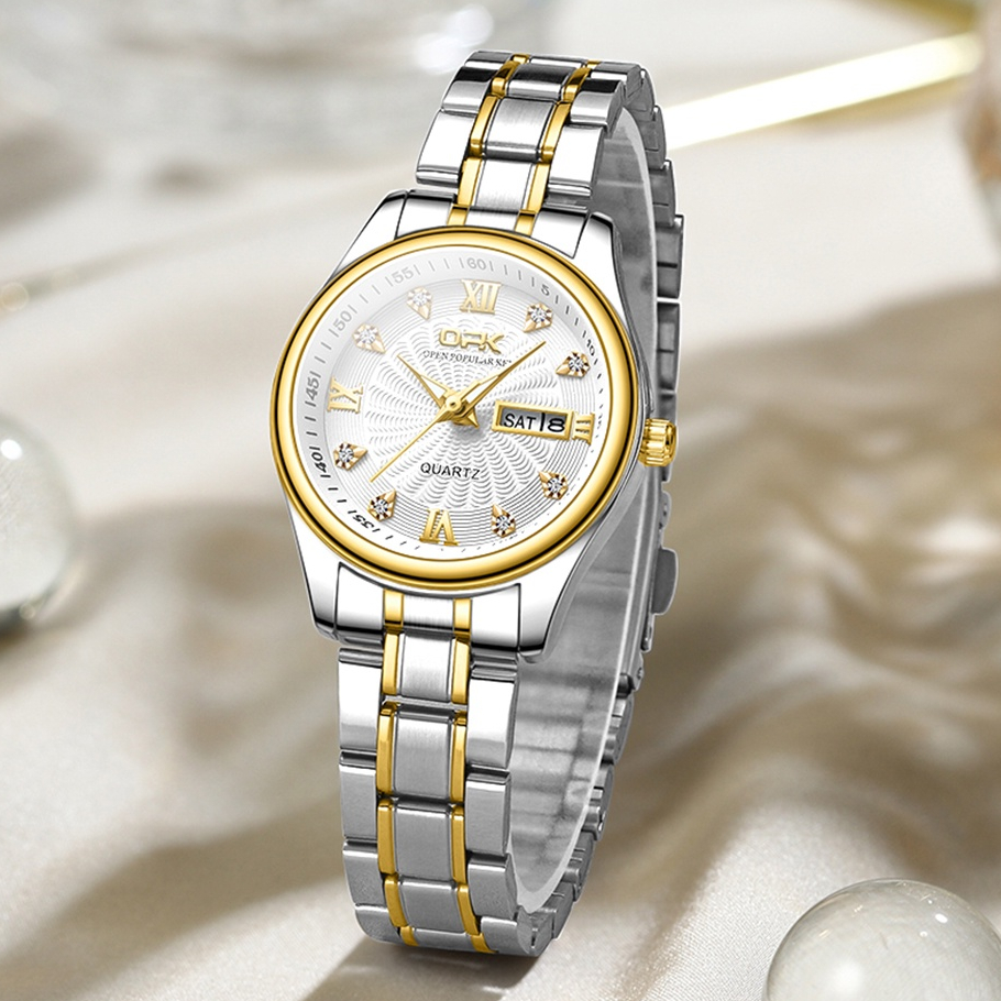 OPK Jam Tangan Wanita Emas Anti Air Original Cewek Kalender Bercahaya Luminous Women Watch Stainless Steel