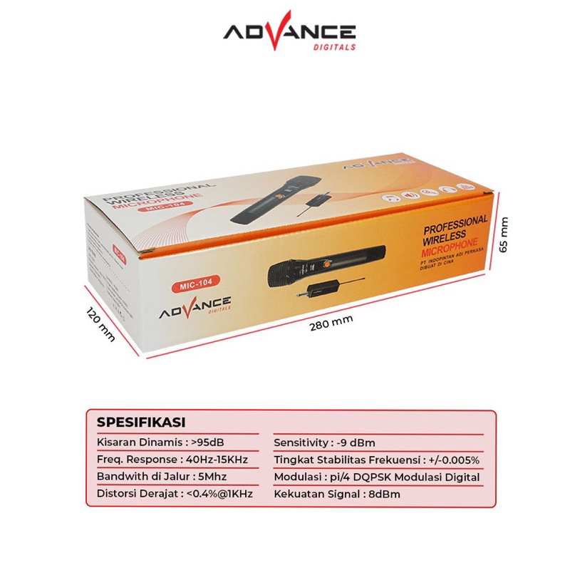 Advance MIC-104 Mic Profesional UHF Wireless Microphone Mik Tanpa Kabel - Garansi Resmi Advance