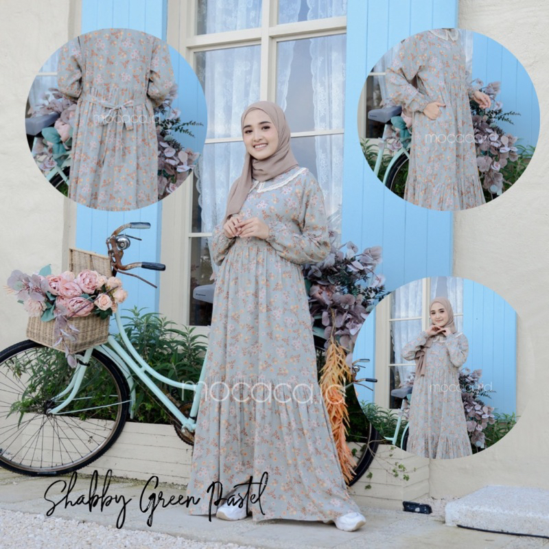 Gamis rumahan renda depan busui rayon premium - motif shabby green pastel