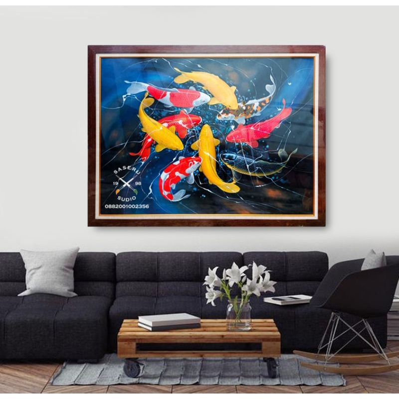 Lukisan kanvas ikan koi abstrak modern art keren siap pajnang