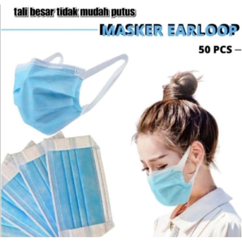 Masker 3 ply model tali Flatoop earloop Disposable mask 3ply earloop @50 pcs