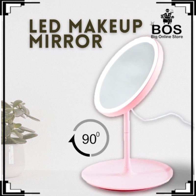 BOS - CERMIN RIAS LED MIRROR BULAT TOMBOL TOUCH SCREEN / KACA MAKEUP USB NON BATRE, NON TOMBOL TOUCH SCREEN