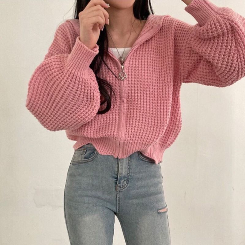 QUEEN SAKURA - Q3771B - WAFFLE HOODIE KNIT JACKET  IMPORT - JACKET HOODIE RAJUT CASUAL KOREA WANITA 