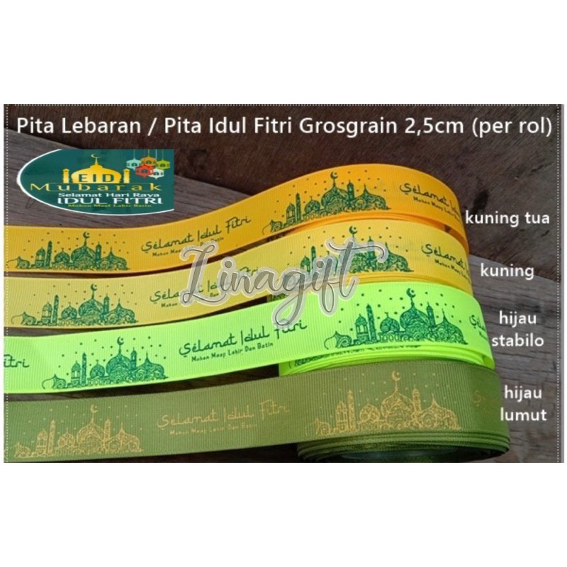 ( Rol 20 Yard ) PITA SATIN GLITTER SELAMAT IDUL FITRI LEBARAN EID MUBARAK -  GIFT RIBBON 0.5 INCH 2.5 CM / 1/2 INCH / 1.5 IN - HIASAN PARCEL / SOUVENIR / HAMPERS - DEKORASI RUANGAN / RANGKAIAN KARANGAN BUKET BUNGA