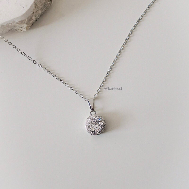 DENISE | Wedding Collection - Zirconia Round Cut Halo Setting Bridal Necklace - Kalung Wanita