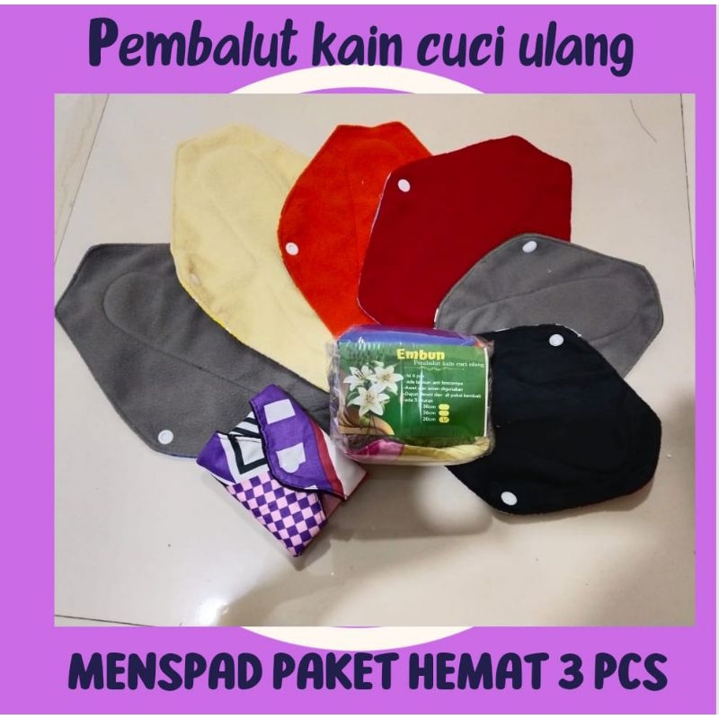 menspad/pembalut kain cuci ulang /paket hemat 3 pcs / full sayap