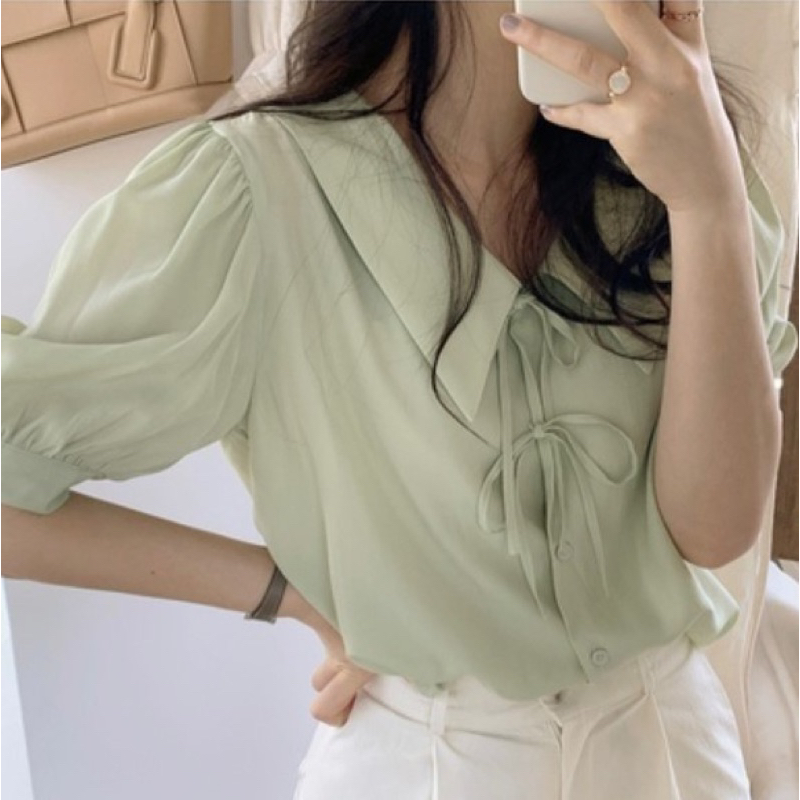 [TERA]Blouse wanita lengan pendek pita kancing Korea Style