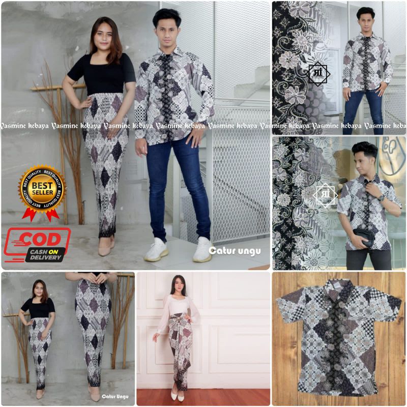 Couple Rok Plisket Jumbo Set Kemeja Batik Pria / Baju Batik Couple Catur Ungu / Couple Kebaya Batik 