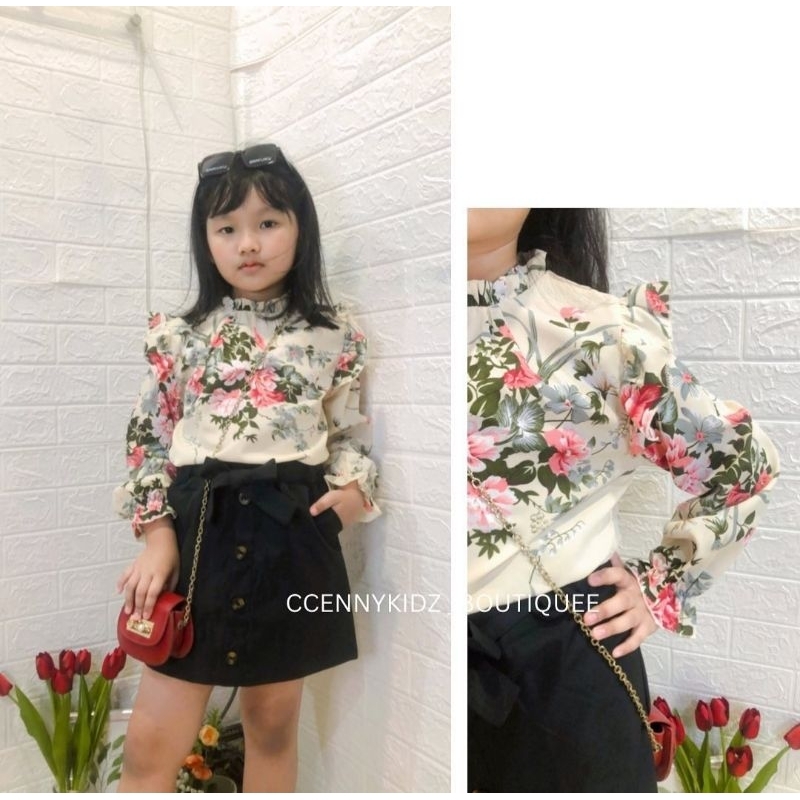 SETELAN ROK MINI FLORAL ANAK PEREMPUAN BLOUSE BUNGA LENGAN PANJANG ROK SPAN HITAM USIA 8 - 11TAHUN