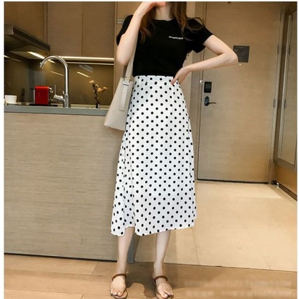 Rok polka dot pinggang tinggi wanita Korea sifon rok A-line rok panjang