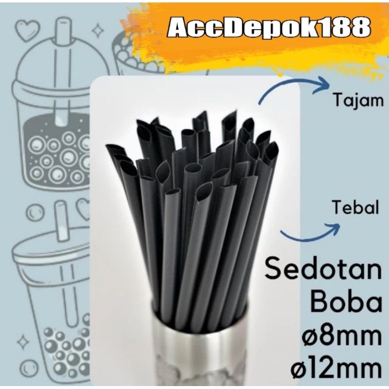 SEDOTAN BOBA HITAM / SEDOTAN BUBBLE STERIL / TIAP SEDOTAN DILAPIS PLASTIK 12MM 21CM ISI 100PCS