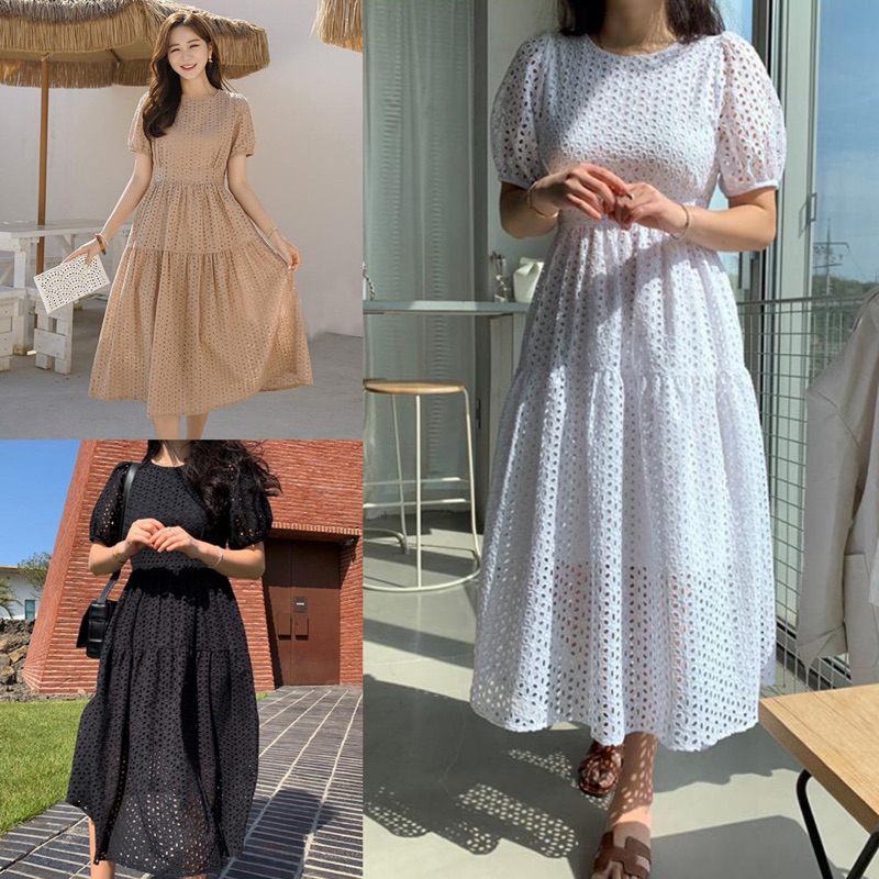 D1135 CARYN KOREAN STYLE EYELET VINTAGE MIDI DRESS POLOS SIMPLE