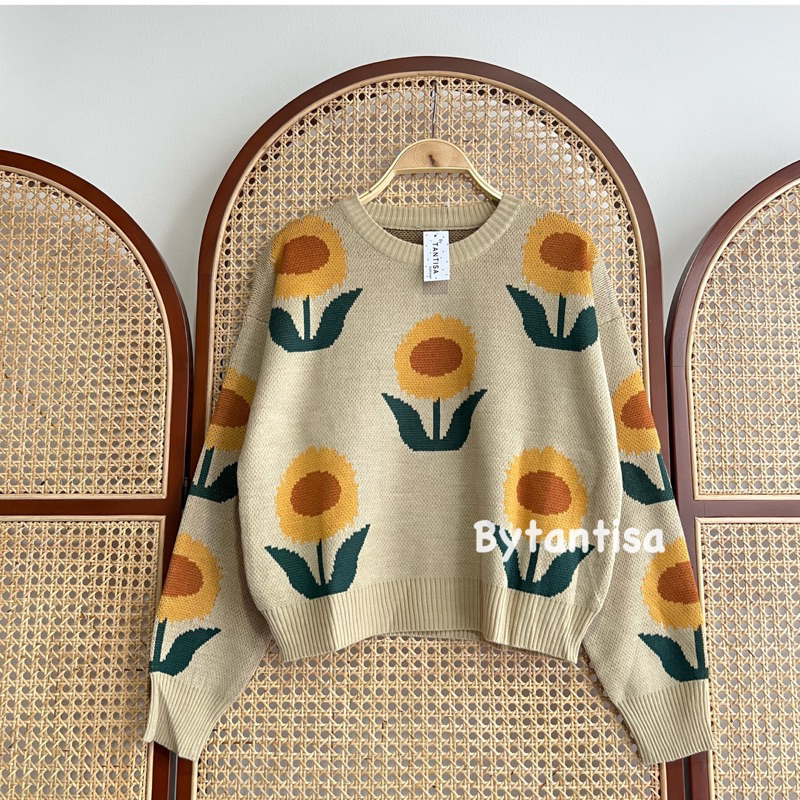 SWEATER RAJUT MOTIF SUNFLOWERS IMPORT KNIT