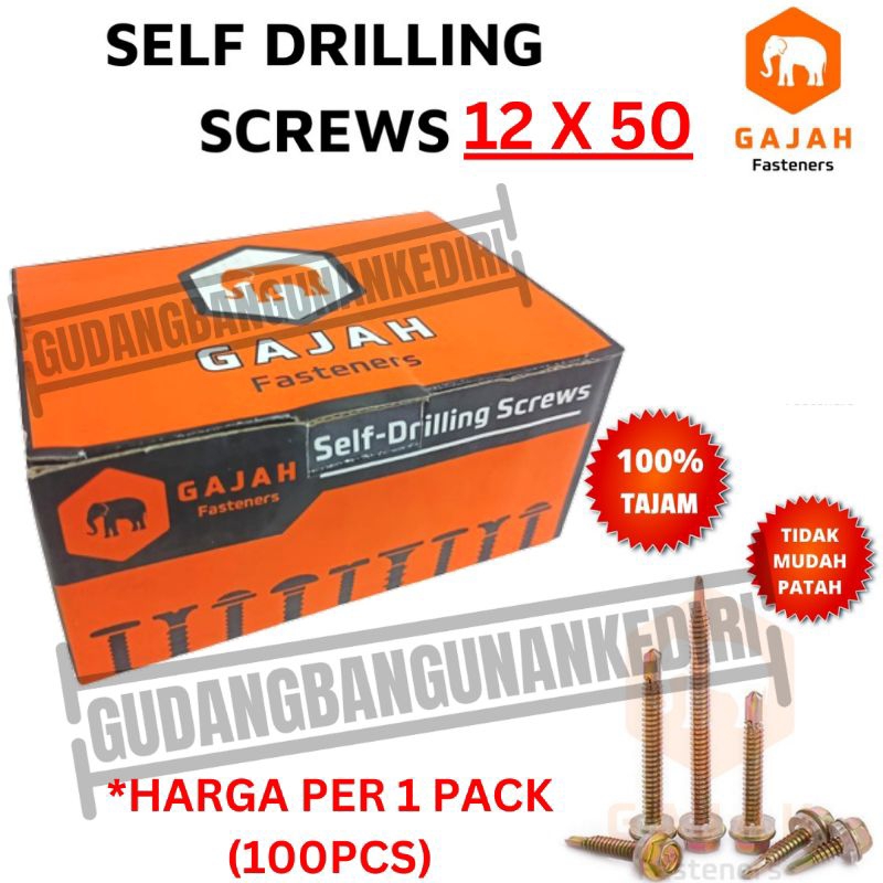 drilling 12 x 50 per pack 100pcs self drilling screw baut roofing kuning 12 x 50 drilling 12x50 GAJAH