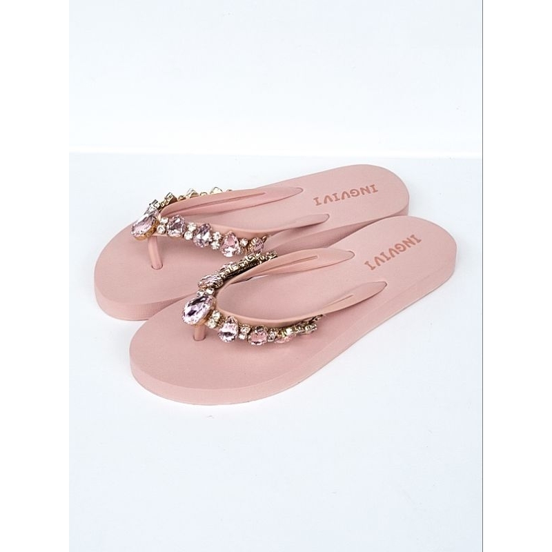 Ingvivi Swarovski Flat Polos Sandal Jepit Wanita Karet Import Manik Berlian Motek - 158-9