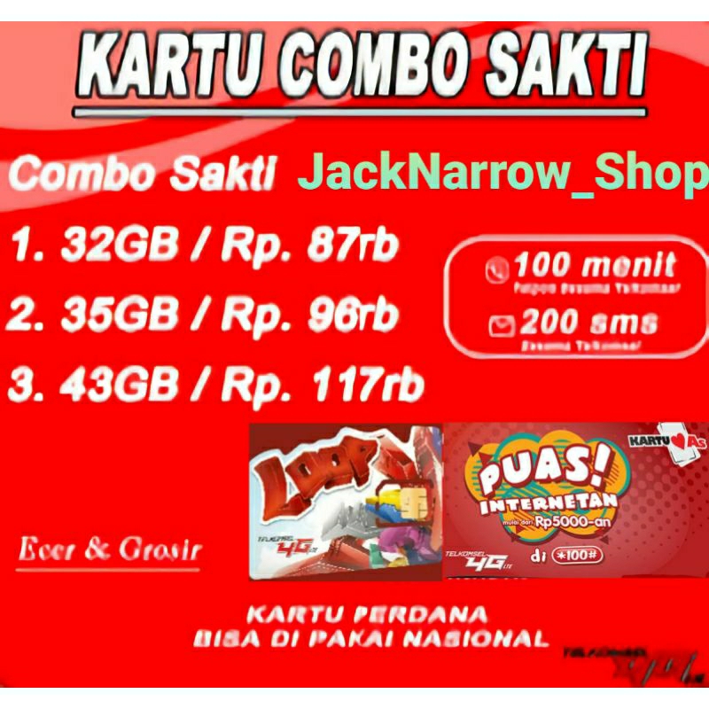 Kartu Perdana Sakti Combo Sakti Telkomsel Loop & AS 43gb , 35gb , 32gb