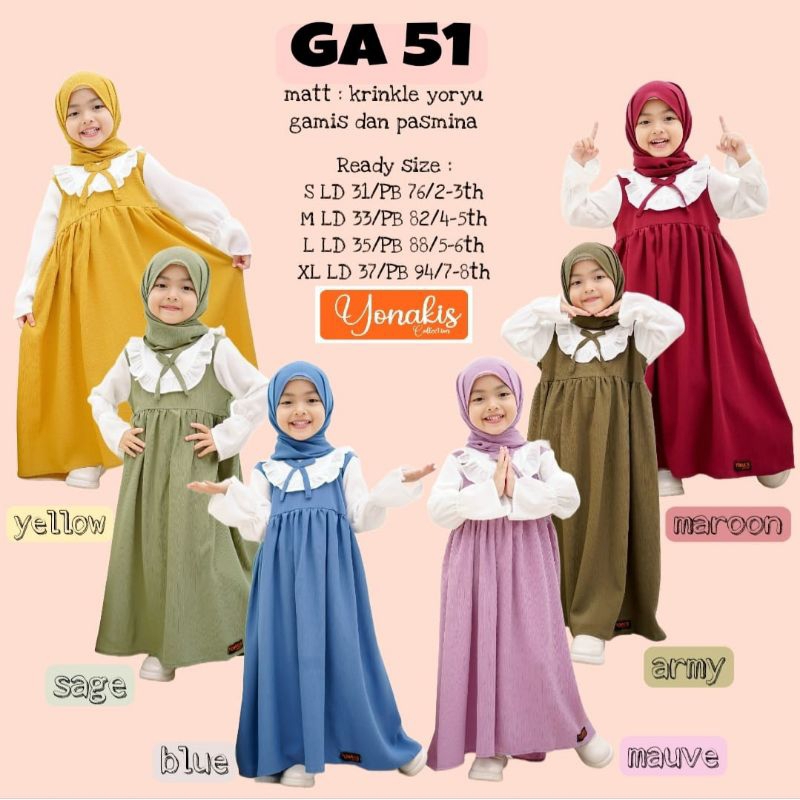 Gamis Dress Set Hijab Pashmina Anak / Kids Bahan Crinkle Cringkel Yoryu Premium Warna Polos Sage Den