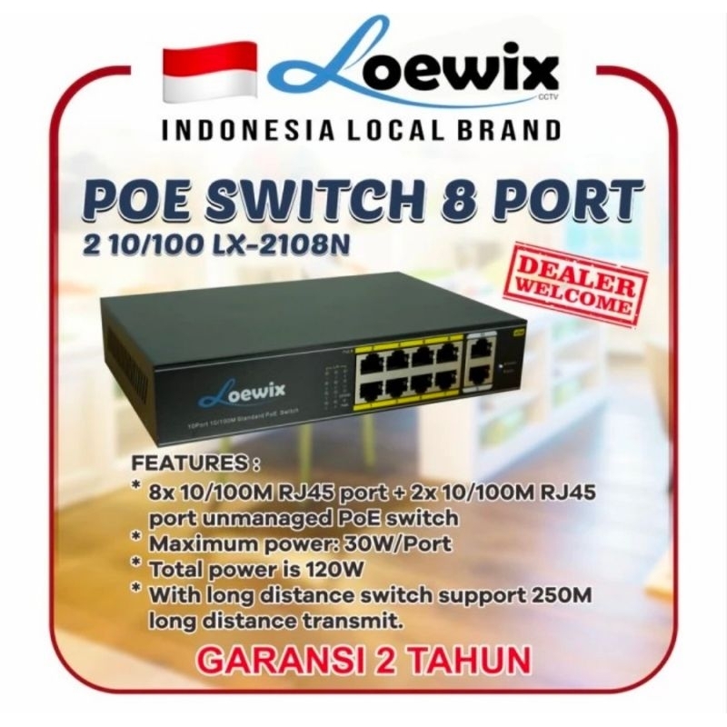 LX-2108N 12W Loewix 8 PoE+2 Port Uplink Switch Hub IP Camera CCTV+ 8x 10/100M RJ45 port + 2x 10/100M RJ45 port unmanaged PoE switch+ Switching Capacity 2.0 Gbps+ Air discharge: 8kV, Thunderproof Common mode: 6kV+ 1-8 ports support IEEE 802.3af/at+ PoE