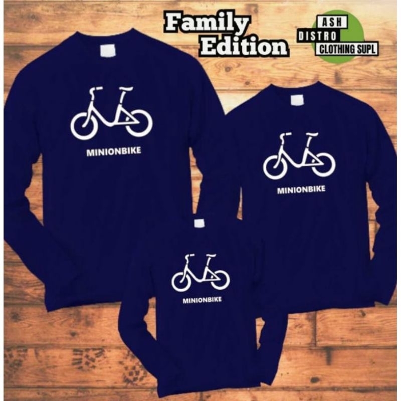 Kaos distro lengan panjang couple keluarga minion bike / baju kapel anak ayah bunda gambar sepeda
