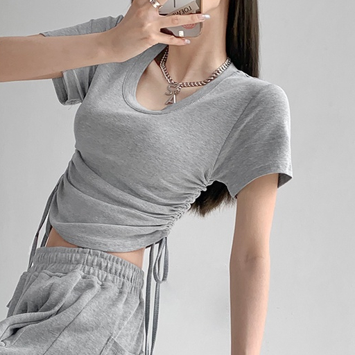 【MISSHONEY】Round Neck Ruched Drawstring Knot Crop Top  T-Shirt  7407 S/M/L