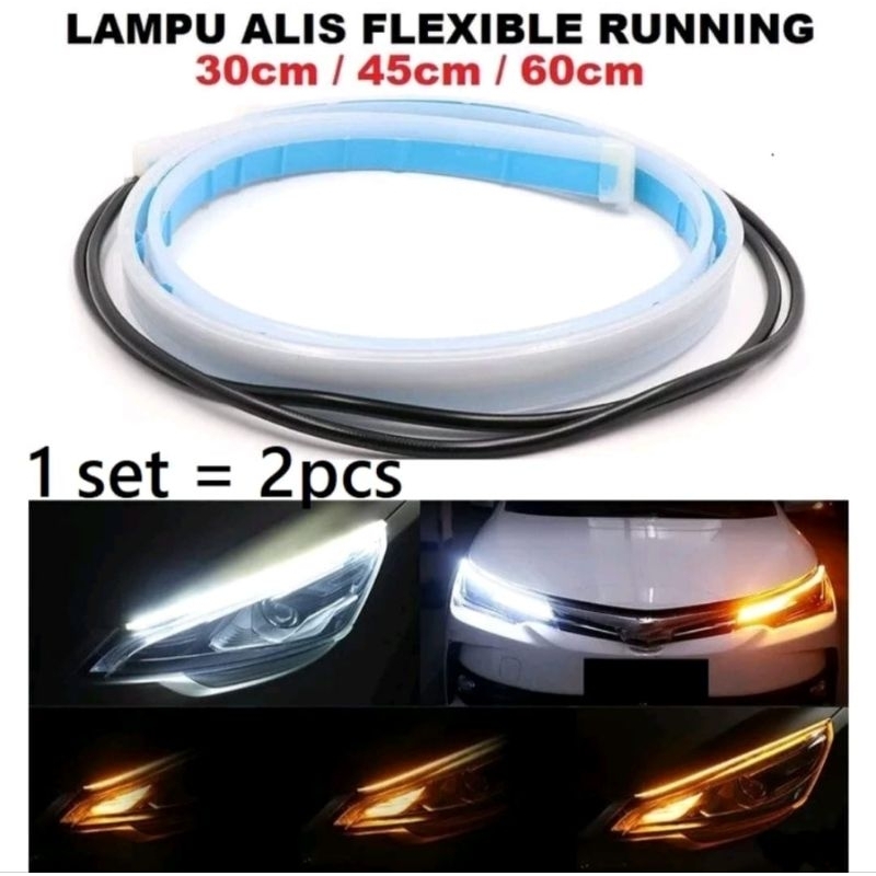 Lampu Alis LED Slim Alis DRL 30CM Fleksibel waterproof ukuran 30cm 2 mode running motor mobil