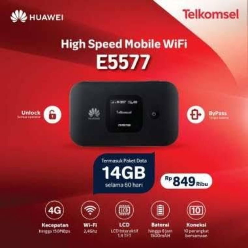 Mifi 4G Huawei E5577 Unlocked Free Tsel 14Gb 2Bln Support XL Go, Indosat, Three, Axis, Bolt