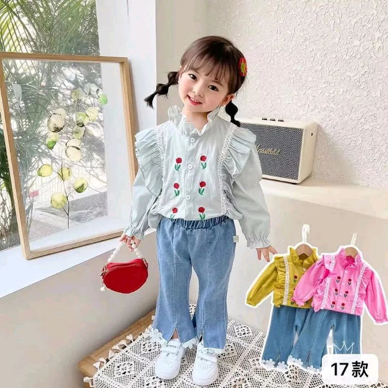 Setelan celana panjang jeans + blouse anak perempuan korean style import premium brand kaijili