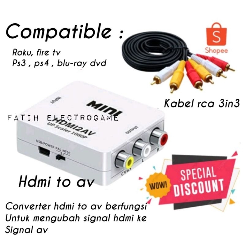 MINI HDMI2AV UNTUK TV TABUNG / CONVERTER HDMI TO AV RCA 1080P FREE KABEL RCA 3IN3 1.5 METER