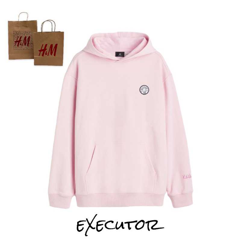 ( 8.8 ) Hoodie H&amp;M Unisex Sablon Keith Haring Dance Pink, Flecee Katun Lembut Tebal, Free Papperbag