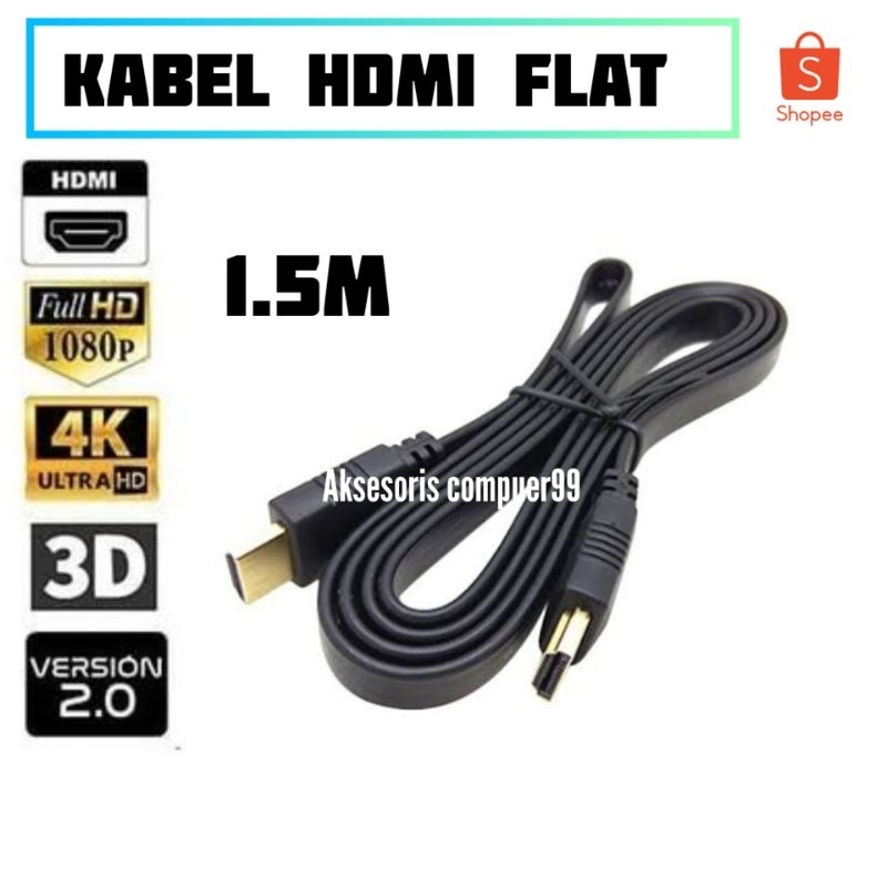 KABEL HDMI MALE TO MALE FLAT 1.5 METER VERSI 1.4 1080P FULL HD