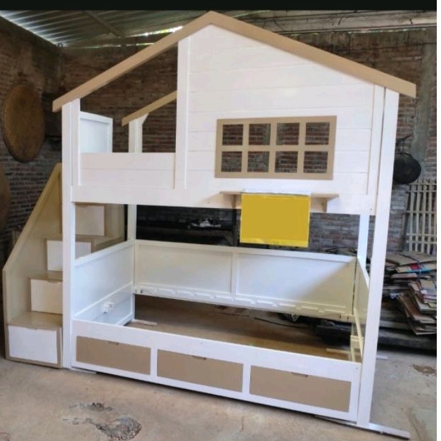 Tempat Tidur Tingkat Anak Kayu Motif Rumah