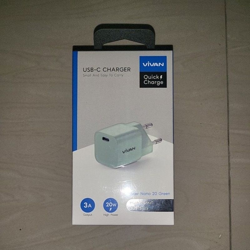 VIVAN QUICK CHARGE USB C TYPE C TYPEC POWER NANO GREEN OUTPUT 3A 20W 20 WATT ADAPTOR ADAPTER KEPALA BATOK CAS CHARGER CASAN FAST CHARGING