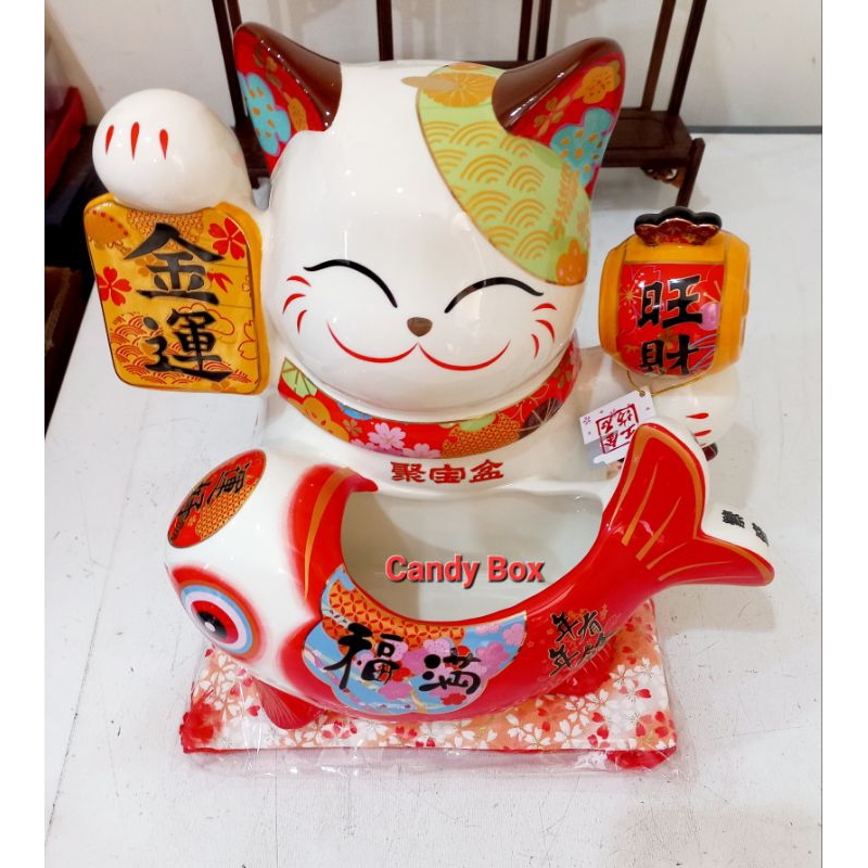 Manekineko Container Ceramic / Kucing Hoki Keramik Besar / Pajangan Kucing Hoki / Manekoneki Jepang