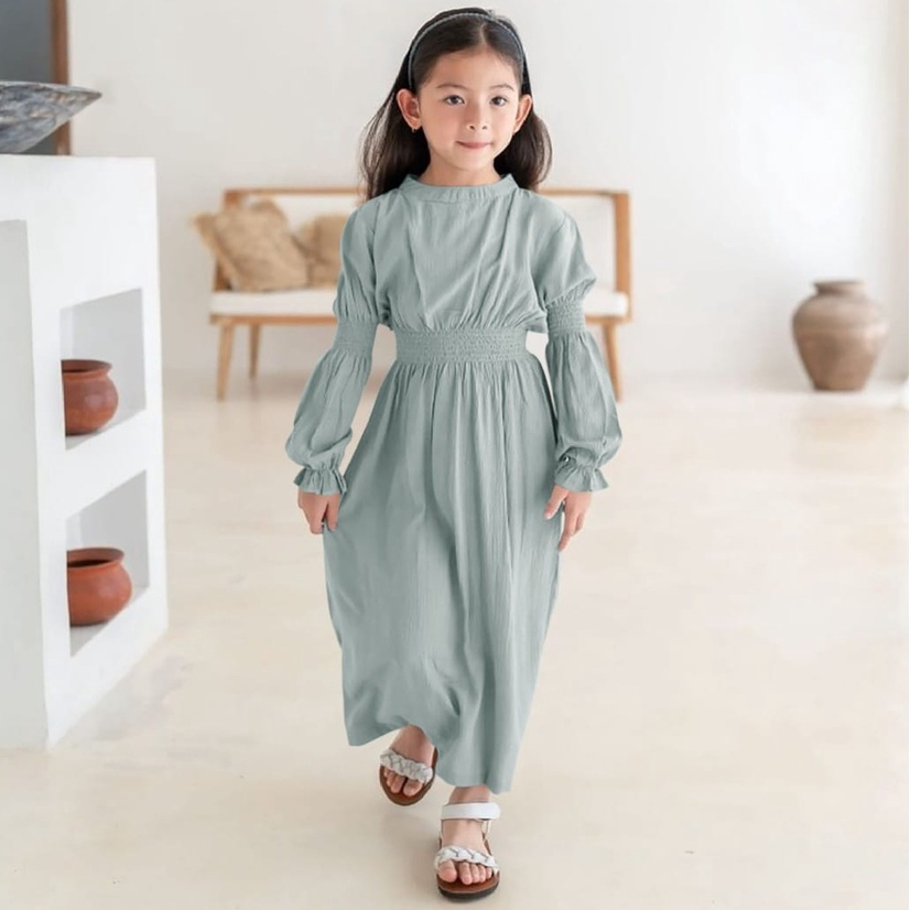 Lunar Dress Baju Gamis Satin Premium Anak Perempuan Seragam Pesta Wanita Muslim - Sage Green Hijau S