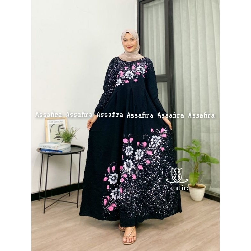 Gamis twill lukis rayon premium motif terbaru 2023 cantik dan elegan baju lebaran kekinian terlaris