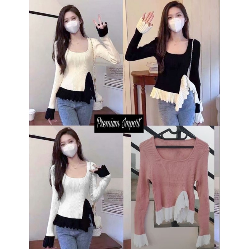 ❤️ IMPORT ❤️ READY ! CHALLISE TWO TONE SQUARE NECK LONG SLEEVE ZIG ZAG RIB KNIT BLOUSE SWEATER SWEATSHIRT