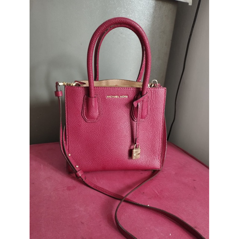 Preloved mk mercer michael kors kulit asli kulas sapi kerbau genuine leather merah marron tas sling 