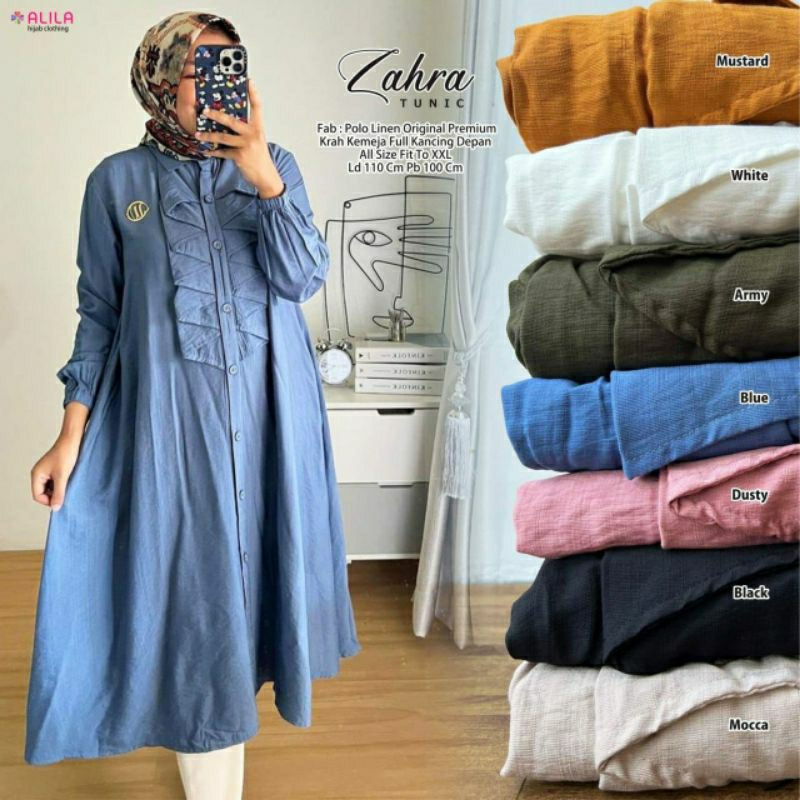 Zahra Long Tunik Full Kancing Depan Linen Premium