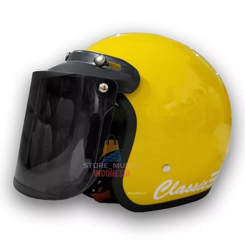 [ COD ] HELM BOGO CLASSIK GARIS TIGA KACA DATAR/CEMBUNG PACKING FREE BOX-KUNING GLOSSY