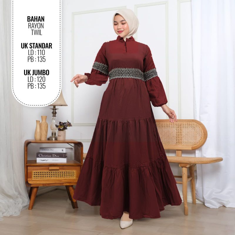JIEESHOPP Gamis Rayon Twill Renda Flowy Renda Pinggang Best Seller