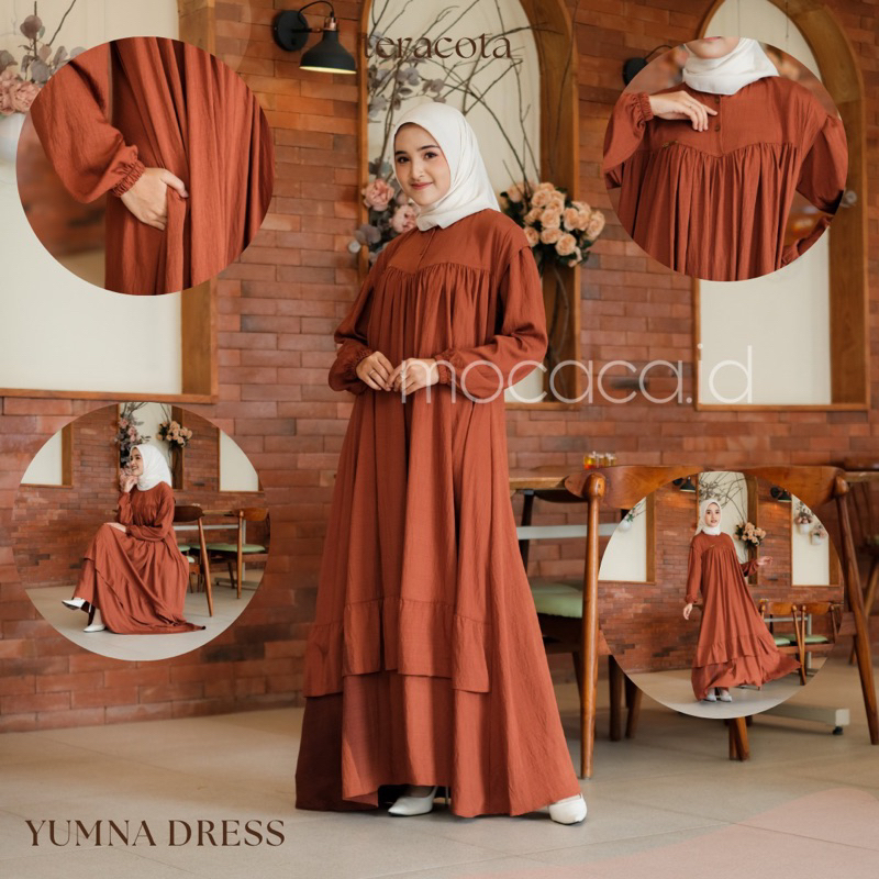 Gamis Lebaran Yumna Dress dari bahan Polo linen kancing busui friendly ada variasi remple di pundak dan rok saku lengan karet - teracota merah bata